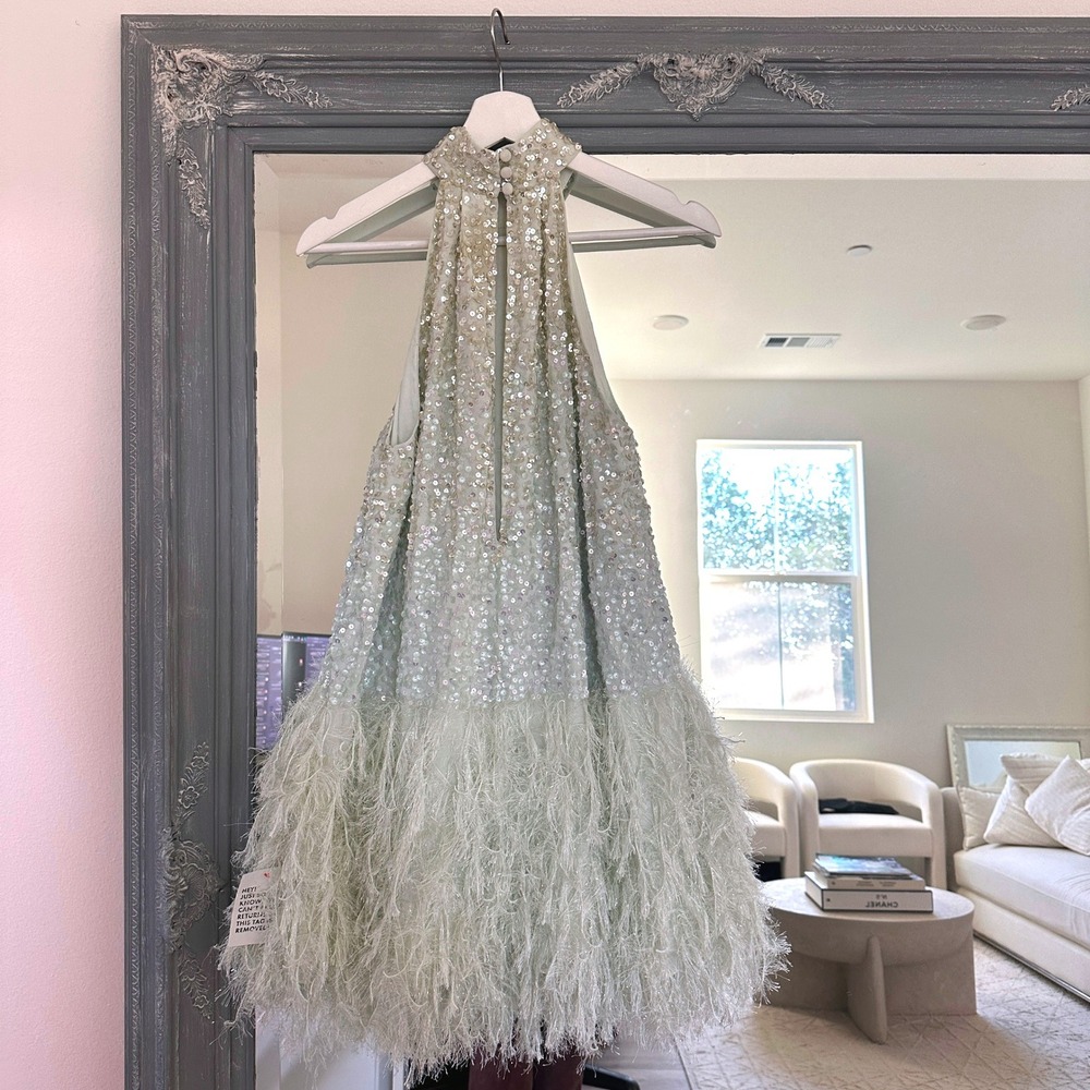 NWT ASOS EDITION Sequin Halter Mini Dress with Faux Feather Hem Party US 2 - Picture 8 of 11